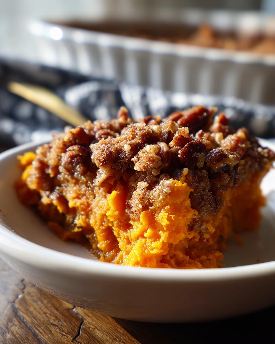 Close-up of a scoop of bright orange crockpot sweet potato casserole topped with a crunchy pecan and brown sugar streusel.