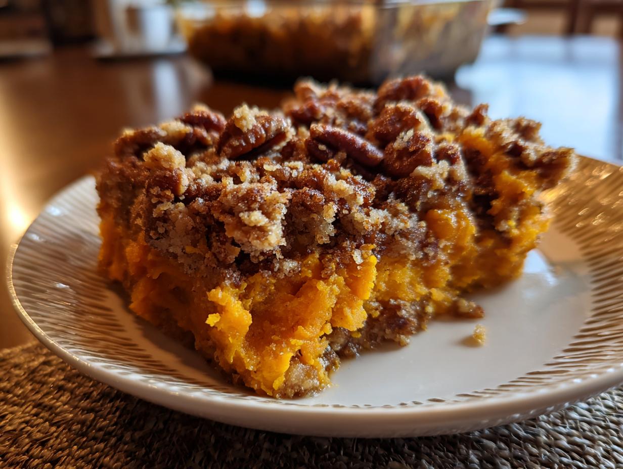 A close-up of a serving of moist crockpot sweet potato casserole topped with a crunchy pecan streusel topping.