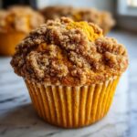 A close-up, appetizing shot of a single sweet potato muffin topped with a thick layer of brown sugar streusel topping.