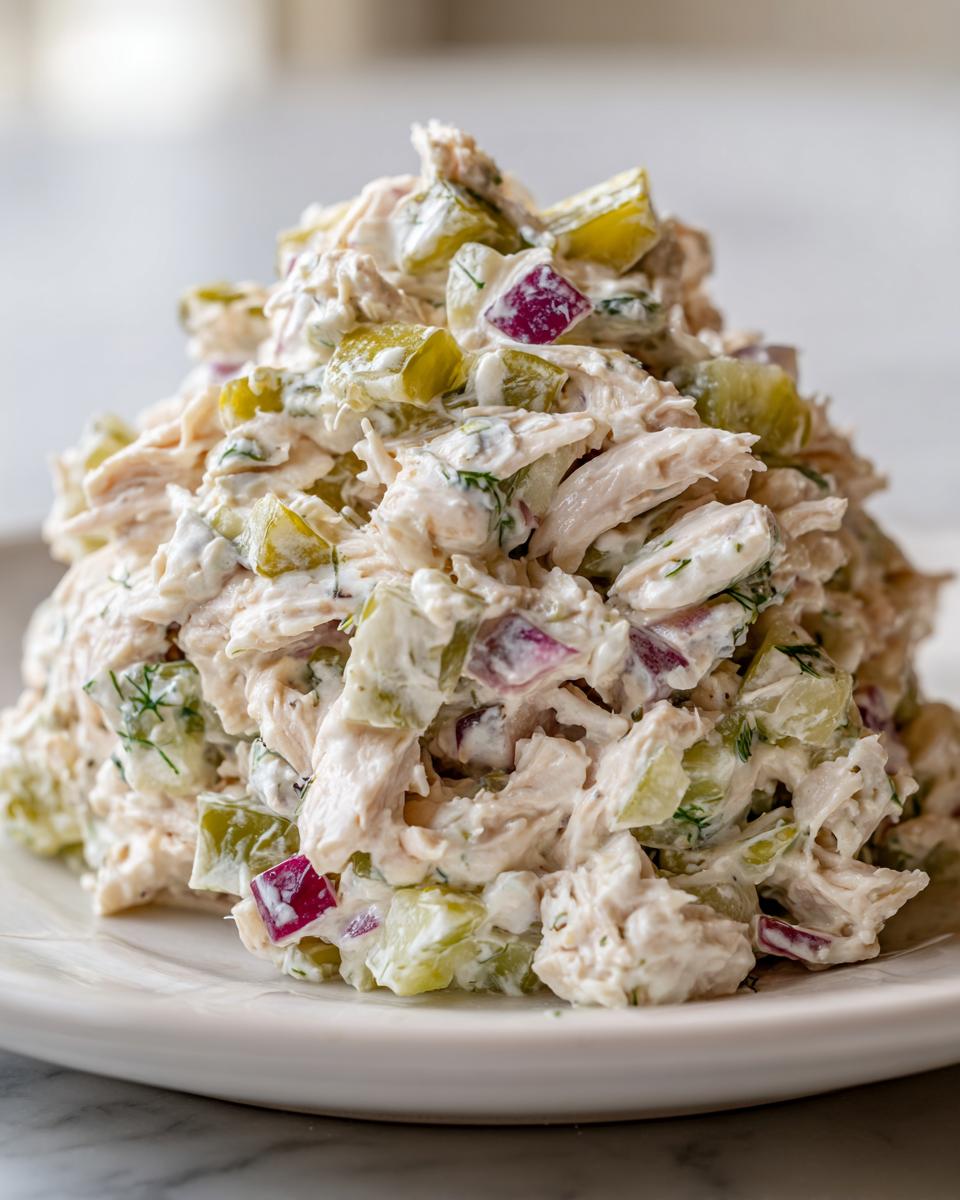 A close-up mound of creamy dill pickle chicken salad featuring shredded chicken, chopped pickles, and red onion.
