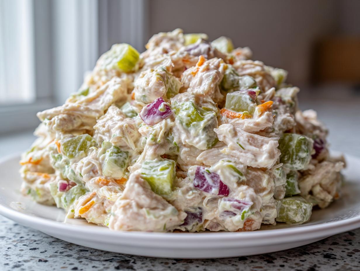 A generous mound of creamy dill pickle chicken salad featuring chunks of chicken, bright green pickles, and red onion on a white plate.