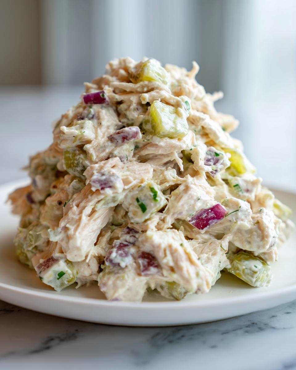 A close-up of a generous mound of creamy dill pickle chicken salad mixed with chunks of red onion and pickles.