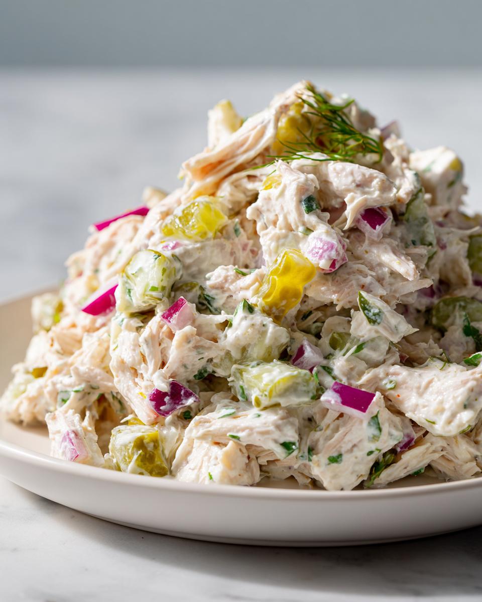 A close-up mound of creamy dill pickle chicken salad featuring shredded chicken, bright green pickles, and diced red onion, garnished with dill.
