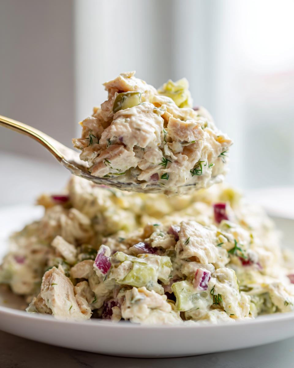 A spoonful of creamy dill pickle chicken salad, featuring chunks of chicken, red onion, and pickles, lifted above a white plate.