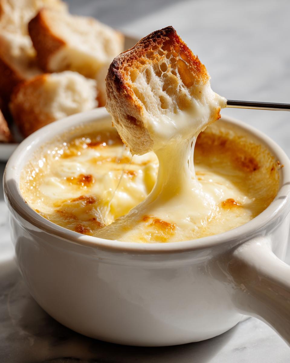 A piece of toasted bread being dipped into a white bowl of hot, stringy cheese fondue.