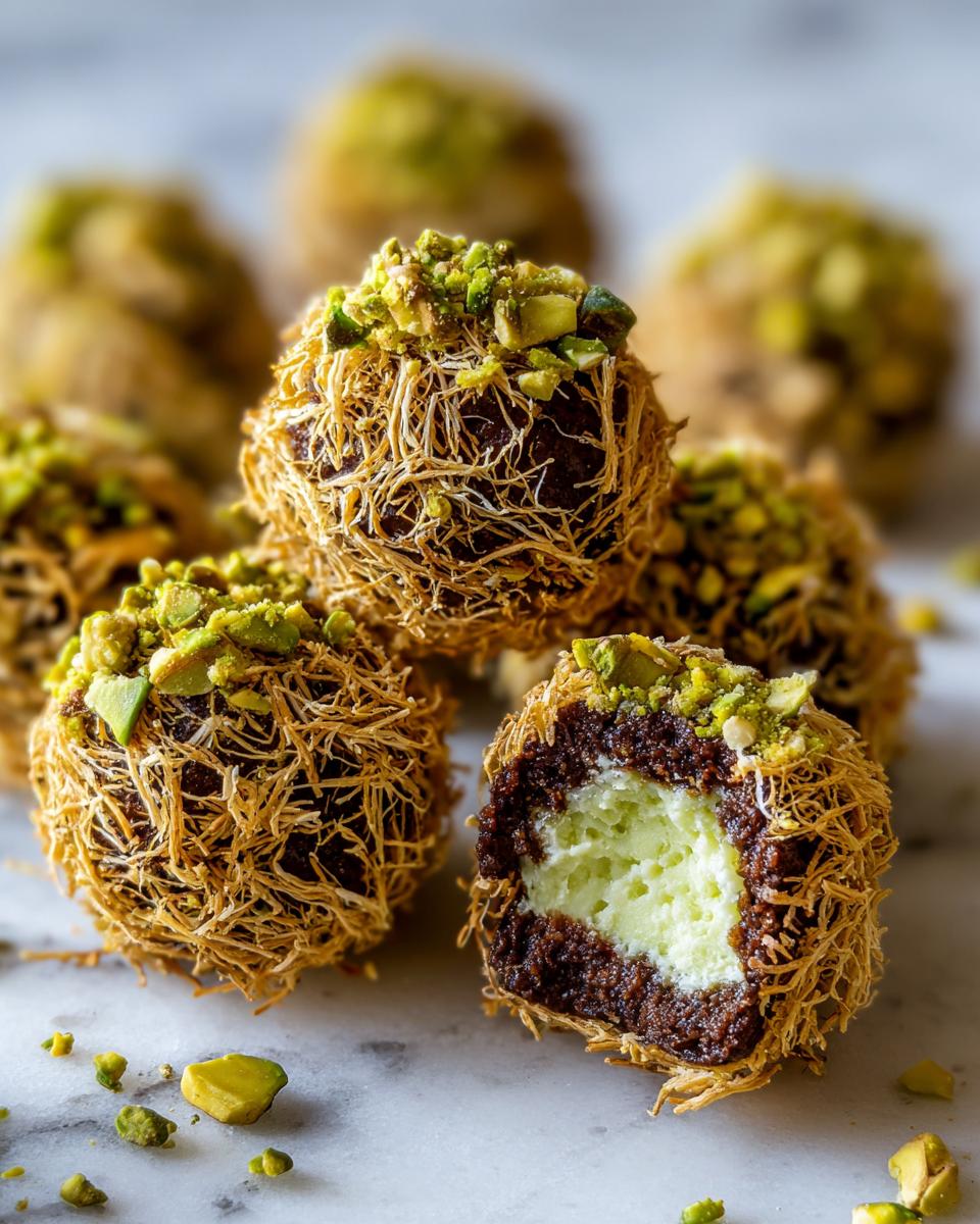 A close-up showing several decadent Dubai chocolate balls wrapped in shredded pastry, topped with chopped pistachios, one is cut open revealing a creamy center.