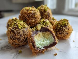 Close-up of several decadent Dubai chocolate balls coated in shredded pastry and topped with crushed pistachios, one is cut open.