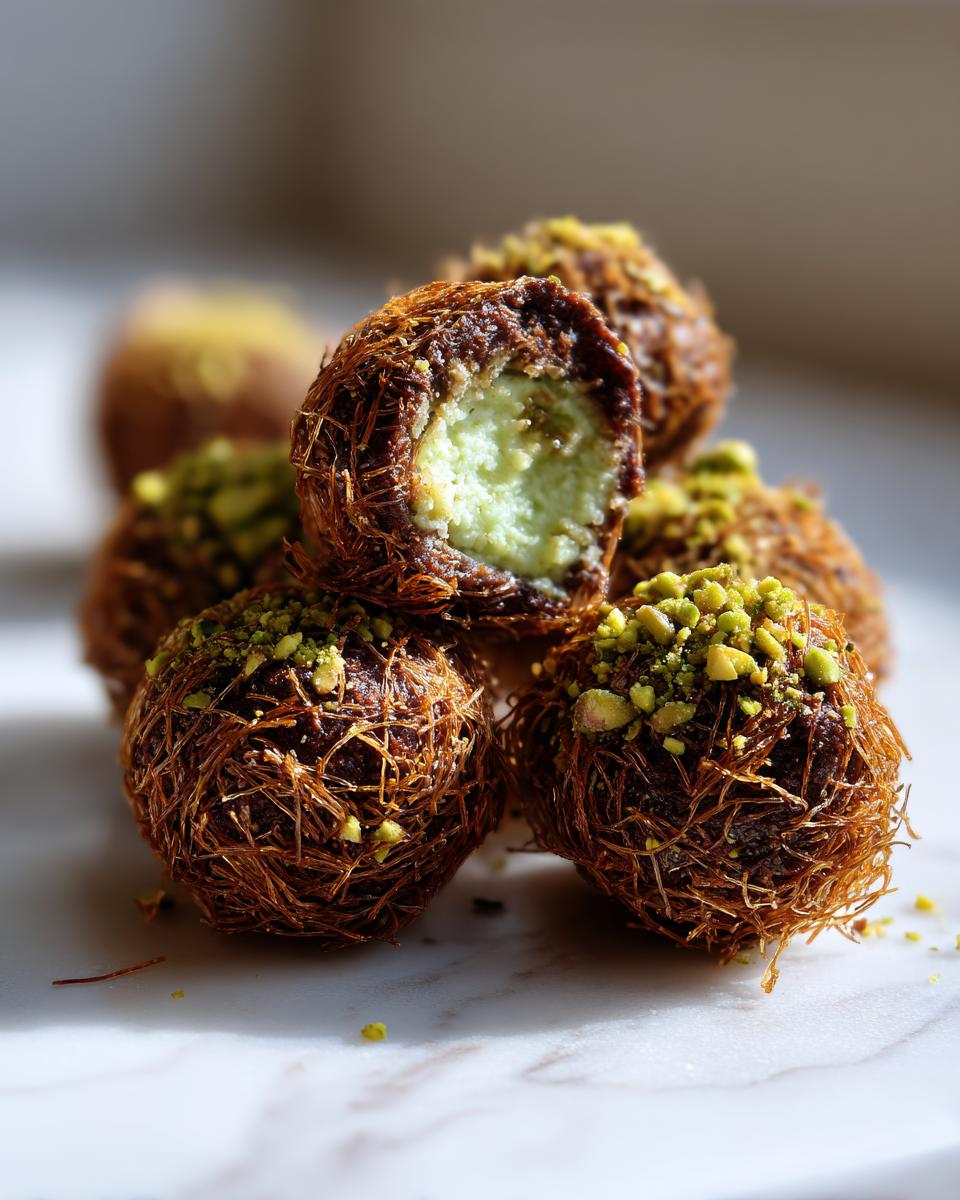 Close-up of several Dubai chocolate balls wrapped in shredded pastry and topped with chopped pistachios, one is cut open showing a light green filling.