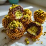 A stack of rich Dubai chocolate balls coated in crispy kataifi pastry and topped with crushed pistachios, one is cut open showing a creamy filling.