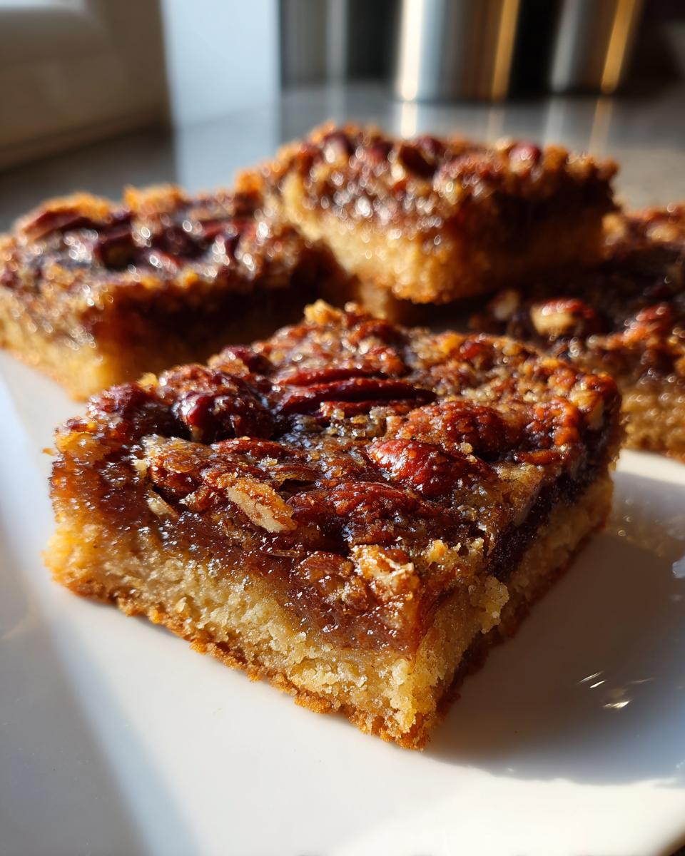 A close-up of a square of gooey, caramelized pecan pie bars resting on a white plate in bright sunlight.
