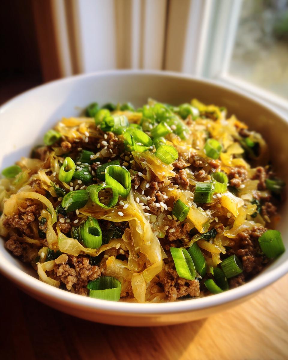 A close-up of a delicious egg roll in a bowl featuring ground meat, sautéed cabbage, topped with fresh green onions and sesame seeds.