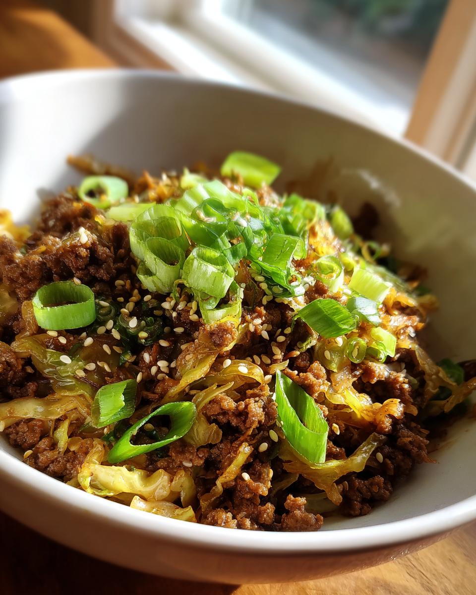 A close-up of a white bowl filled with savory egg roll in a bowl mixture, topped generously with sliced green onions and sesame seeds.
