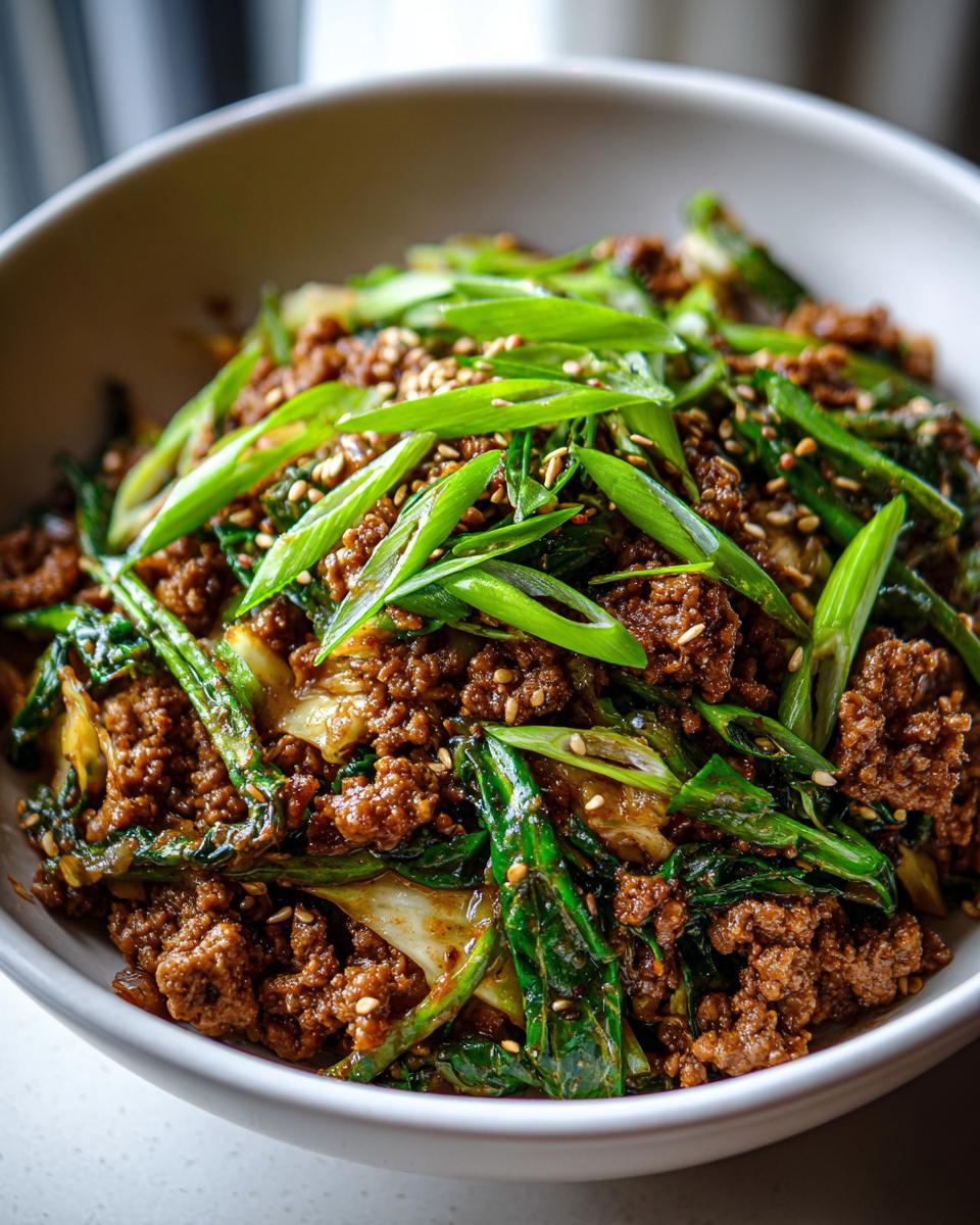 A close-up of a white bowl filled with savory egg roll in a bowl mixture, topped with fresh green onions and sesame seeds.