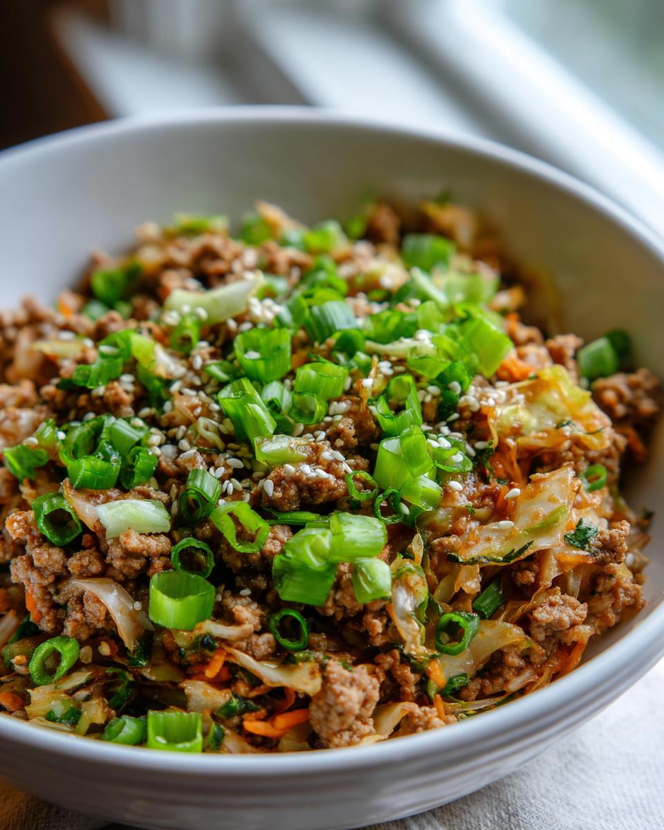 A close-up of a white bowl filled with savory egg roll in a bowl, topped with green onions and sesame seeds.