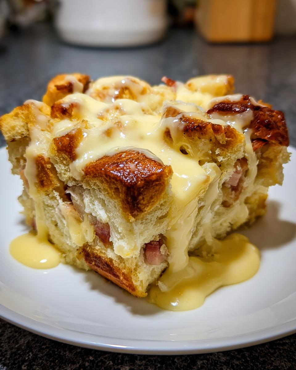 A square serving of eggs benedict casserole, featuring toasted bread cubes, ham, and rich hollandaise sauce drizzled over the top.
