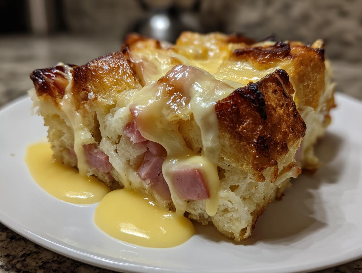 A close-up of a serving of eggs benedict casserole with ham, topped with melted cheese and hollandaise sauce.