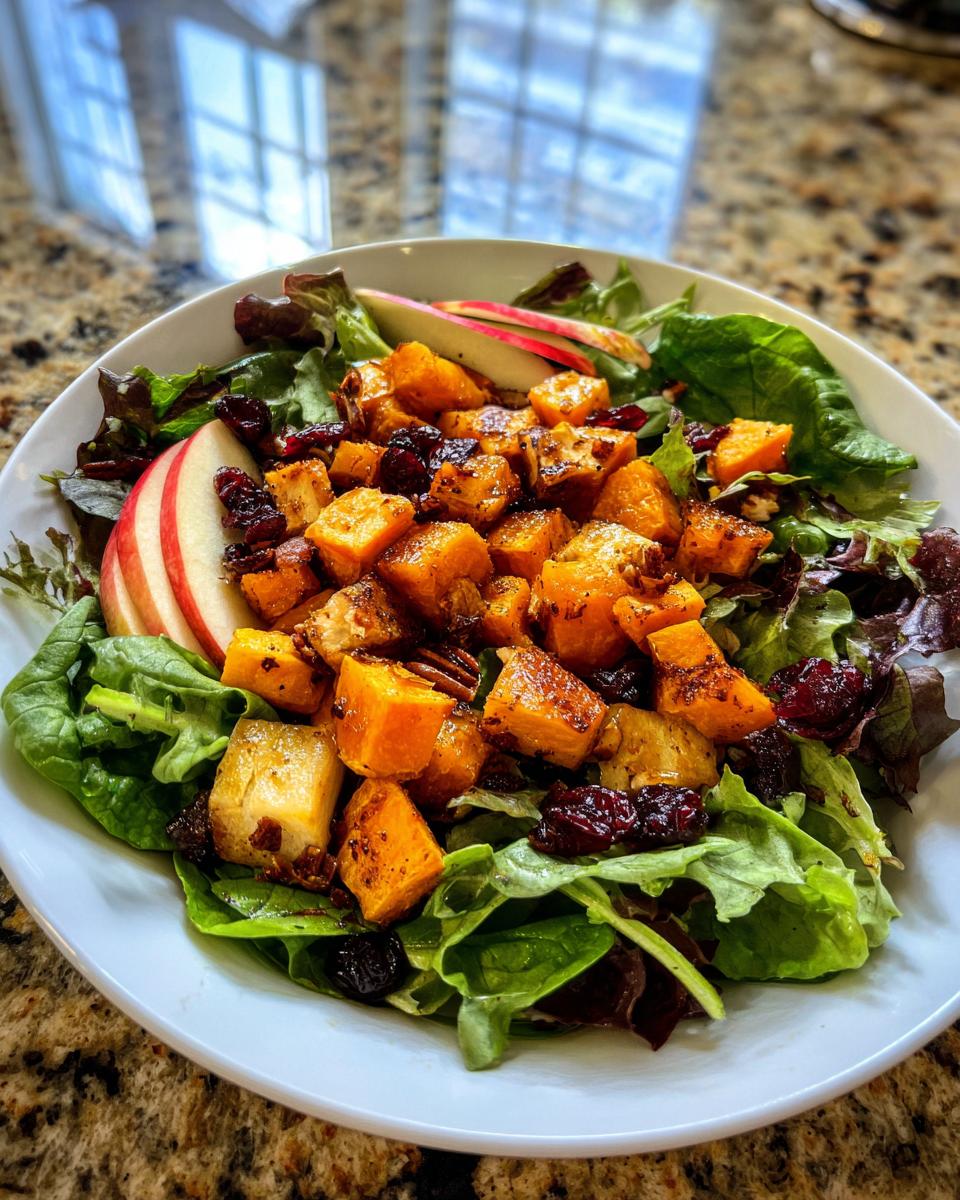 A close-up of a vibrant fall harvest salad featuring roasted butternut squash cubes, dried cranberries, and apple slices.