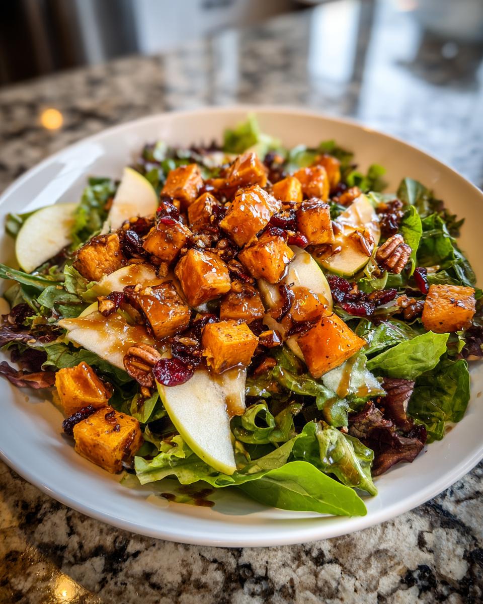 A vibrant fall harvest salad featuring greens, glazed sweet potato cubes, apple slices, pecans, and dried cranberries.