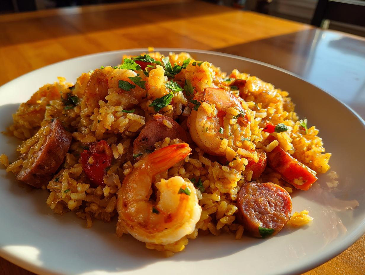 A close-up serving of flavorful jambalaya featuring rice, large shrimp, and sliced andouille sausage, garnished with parsley.