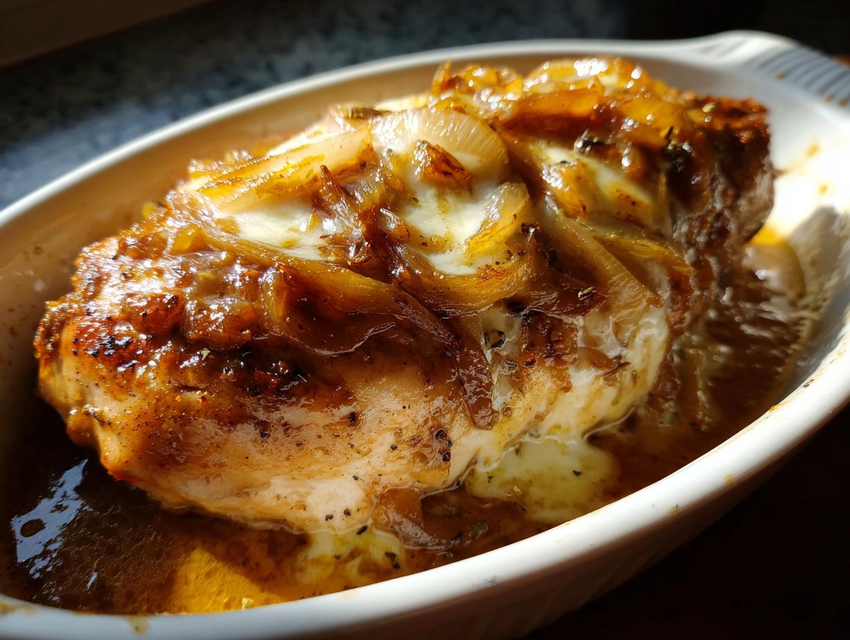 A close-up of a baked french onion chicken breast topped with melted cheese and caramelized onions in a white baking dish.