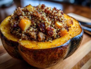A close-up photo of a baked acorn squash half filled generously with a savory quinoa stuffing, showcasing the bright orange flesh.