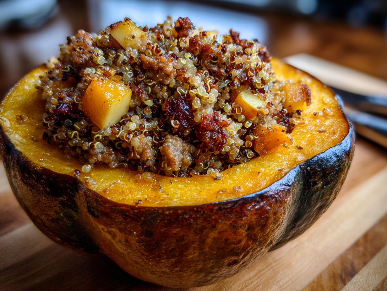 A close-up photo of a baked acorn squash half filled generously with a savory quinoa stuffing, showcasing the bright orange flesh.