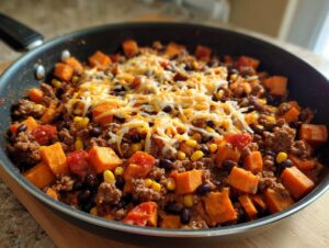 Close-up of a savory sweet potato skillet featuring ground meat, black beans, corn, and melted shredded cheese on top.