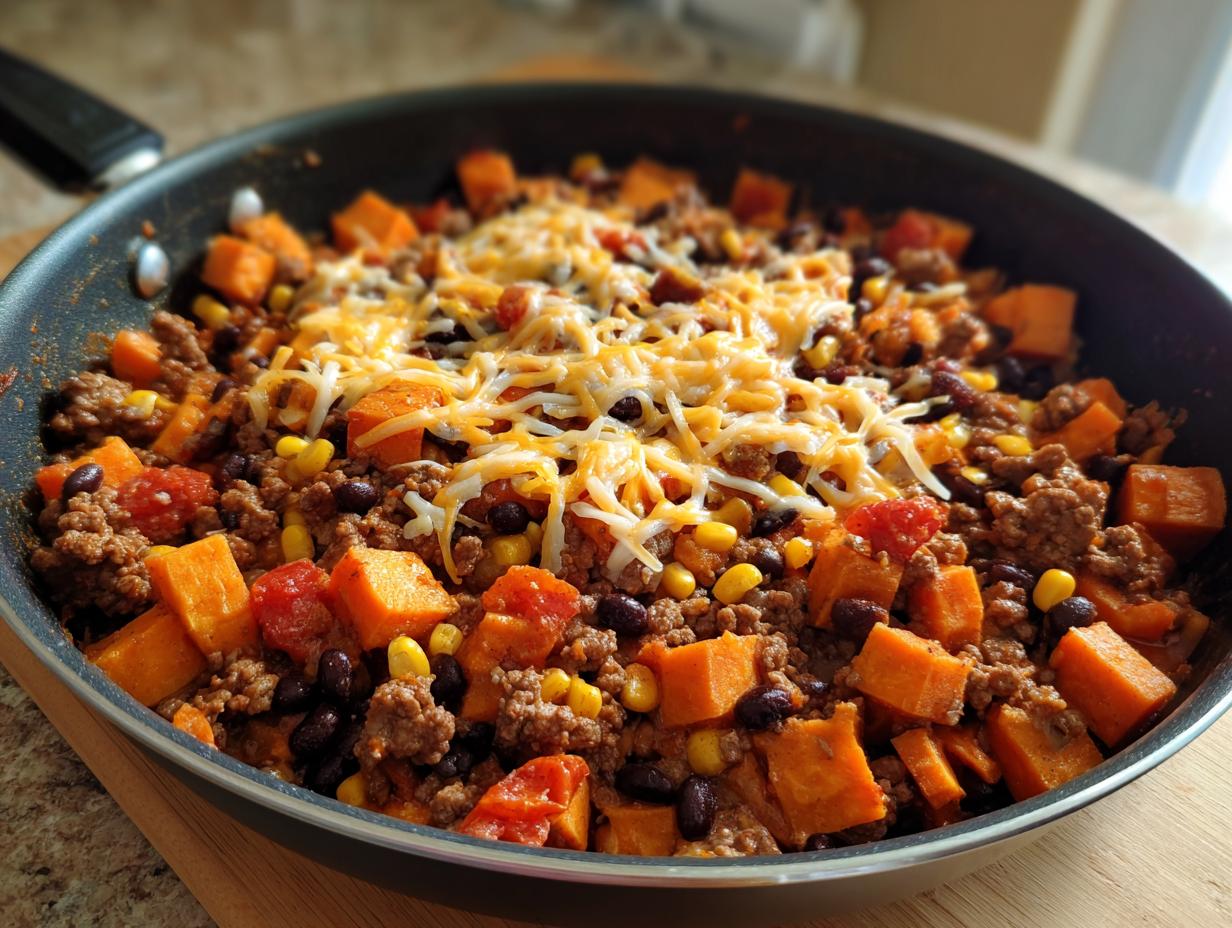 Close-up of a savory sweet potato skillet featuring ground meat, black beans, corn, and melted shredded cheese on top.