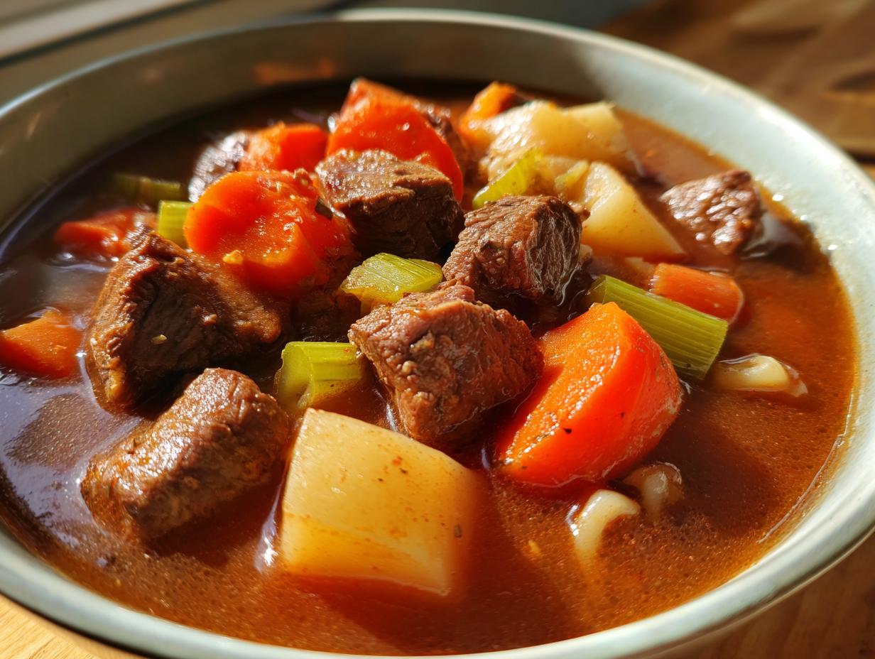 Close-up of a bowl filled with rich vegetable beef soup featuring chunks of beef, carrots, celery, and potatoes.