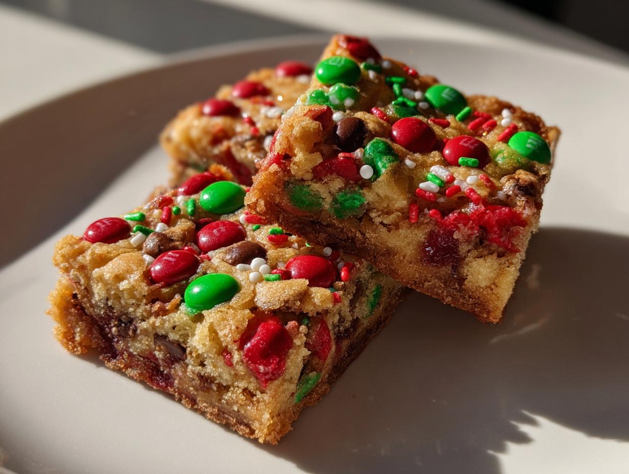 Close-up of two stacked, chewy christmas cookie bars topped with red and green M&Ms and holiday sprinkles.