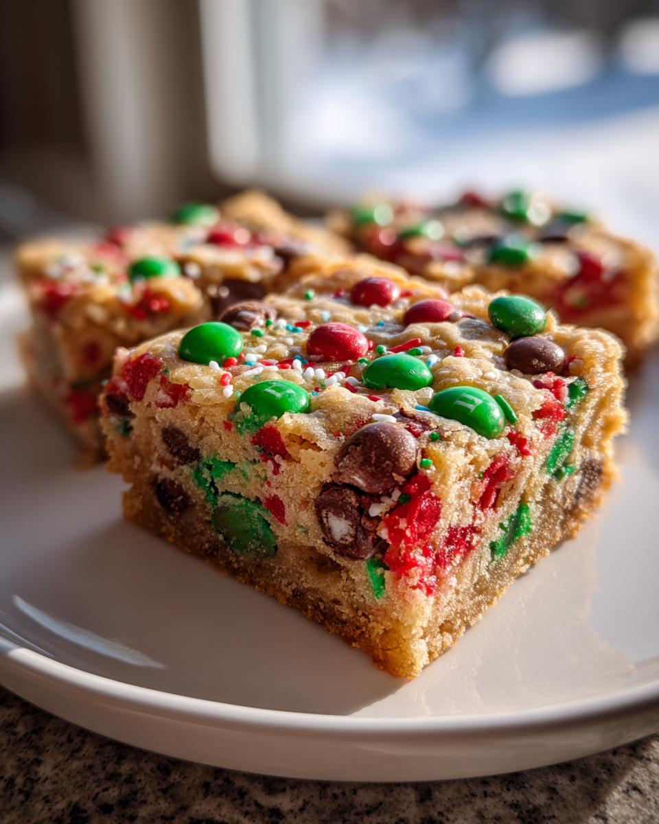A close-up of a thick, chewy slice of christmas cookie bars topped with red and green M&Ms and sprinkles.