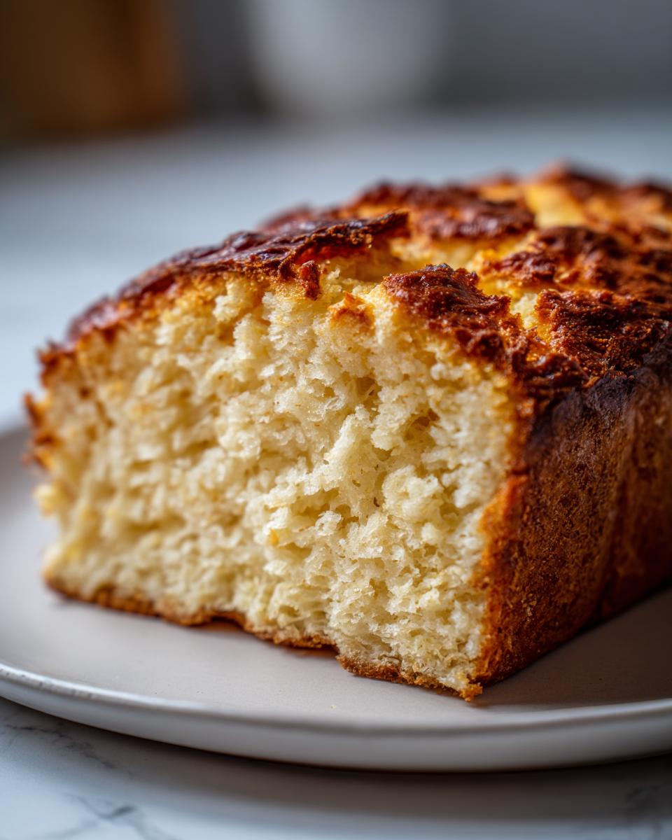 A close-up shot showing the soft, airy interior crumb of freshly baked beer bread with a dark, crusty top.
