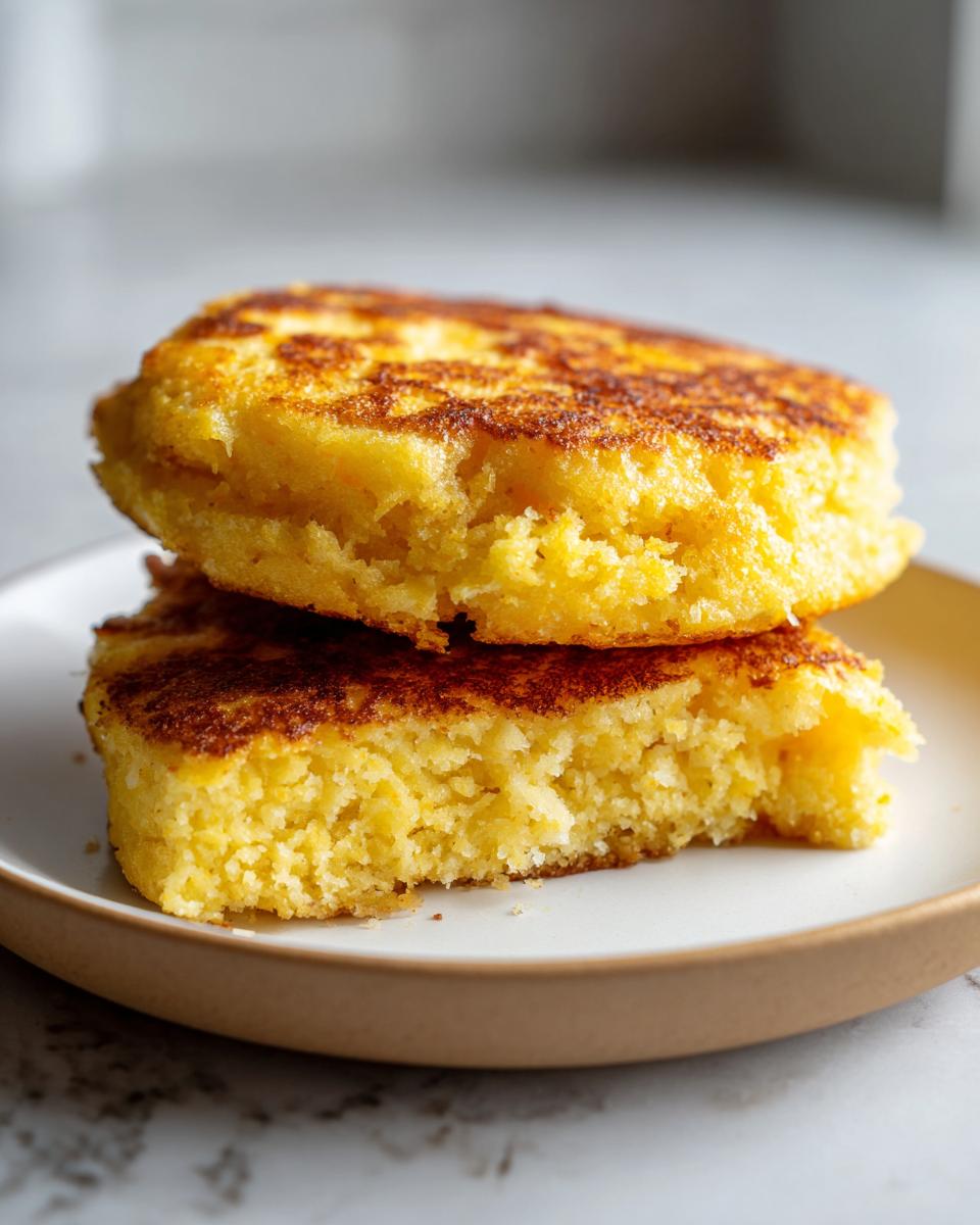 Close-up of two stacked pieces of golden, fluffy fried cornbread showing a crisp, browned exterior.