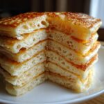 Close-up of a stack of incredibly fluffy pancakes cut in half, revealing their airy, porous interior.
