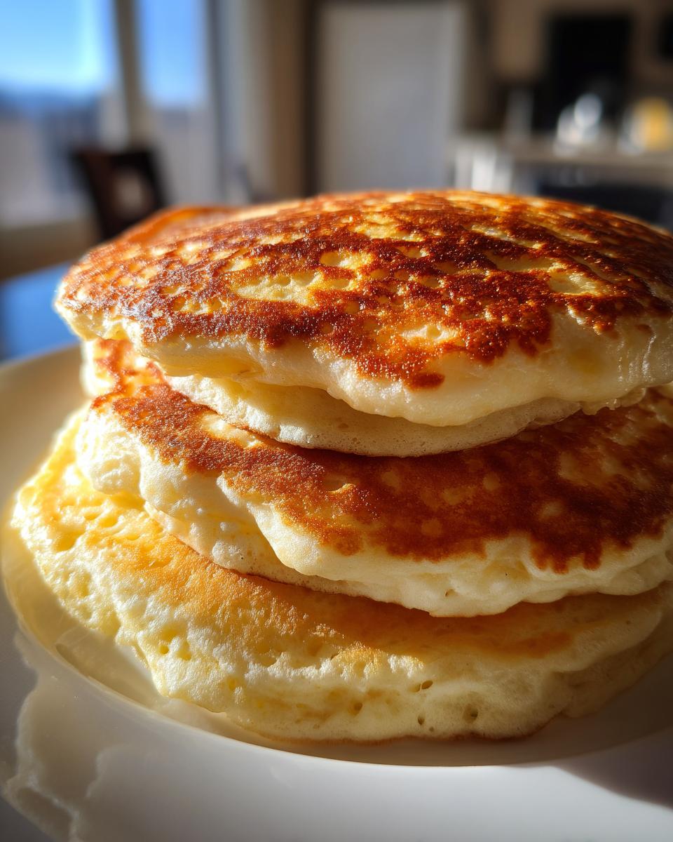 Close-up of a tall stack of three incredibly fluffy pancakes with golden-brown, bubbly tops.
