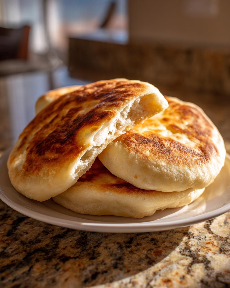 A stack of three fluffy, golden-brown homemade pita bread puffs, one split open to show the soft interior.