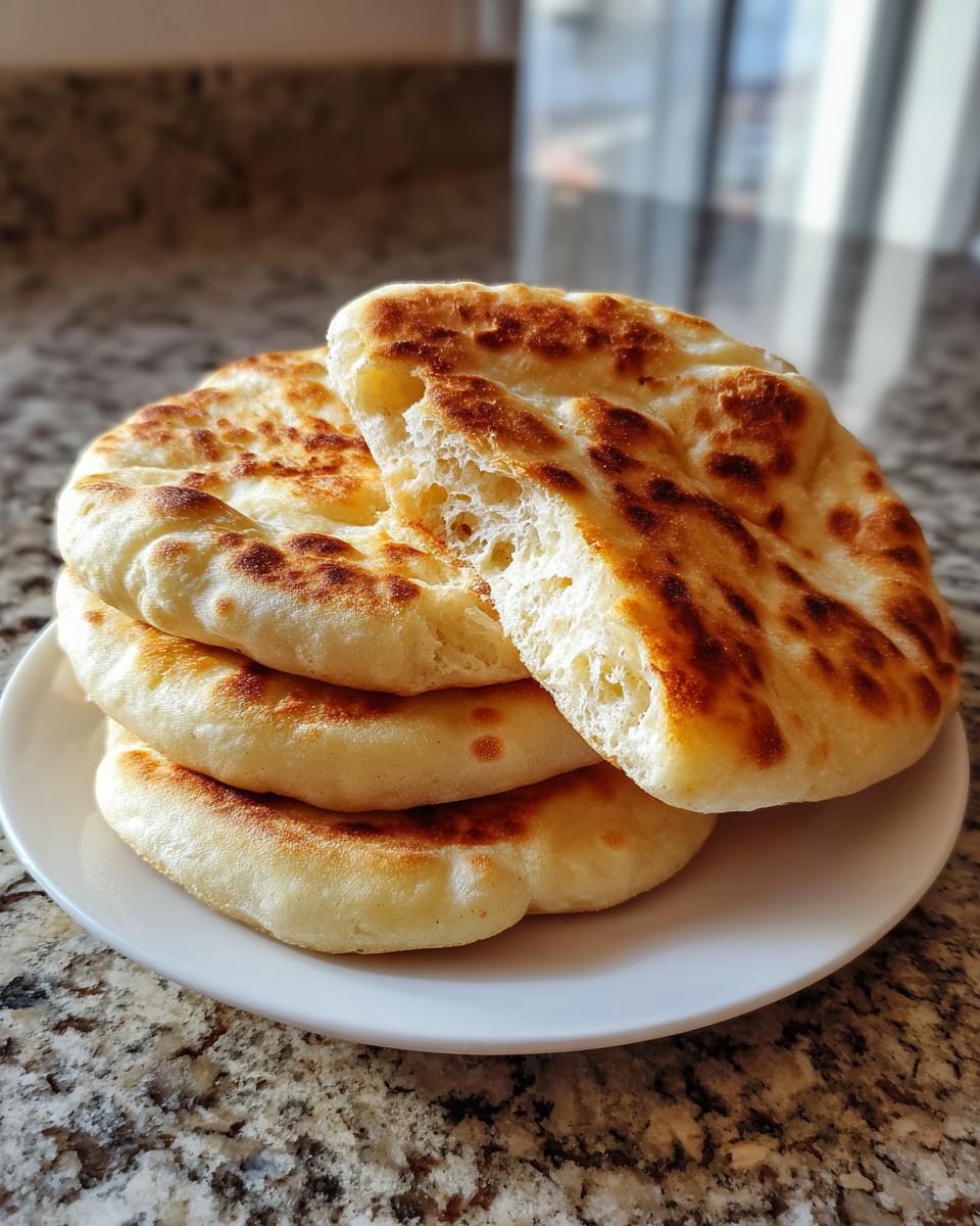 A stack of four fluffy, golden-brown homemade pita bread puffs, one broken open to show the airy interior.