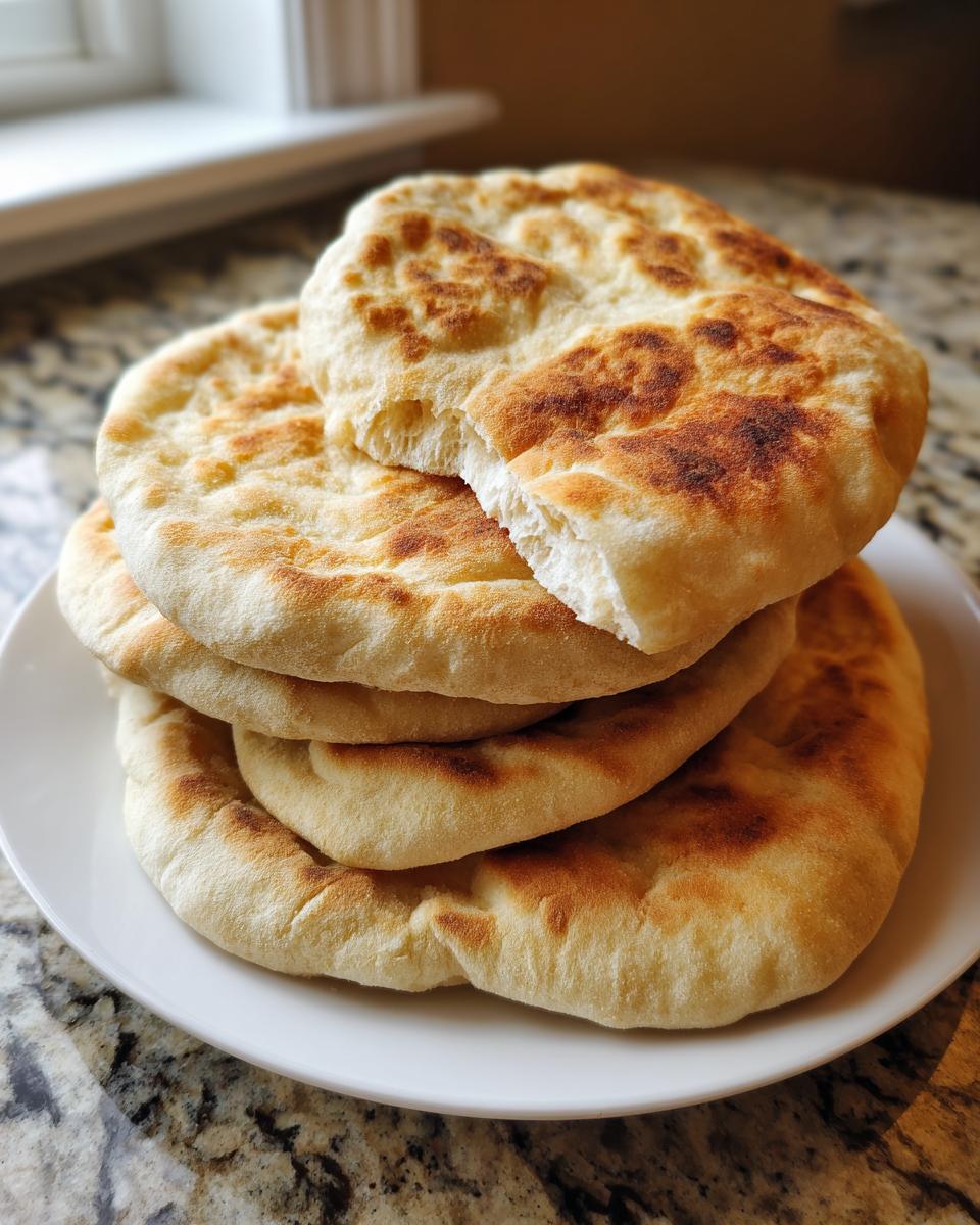 A stack of four fluffy, golden-brown homemade pita bread rounds resting on a white plate.