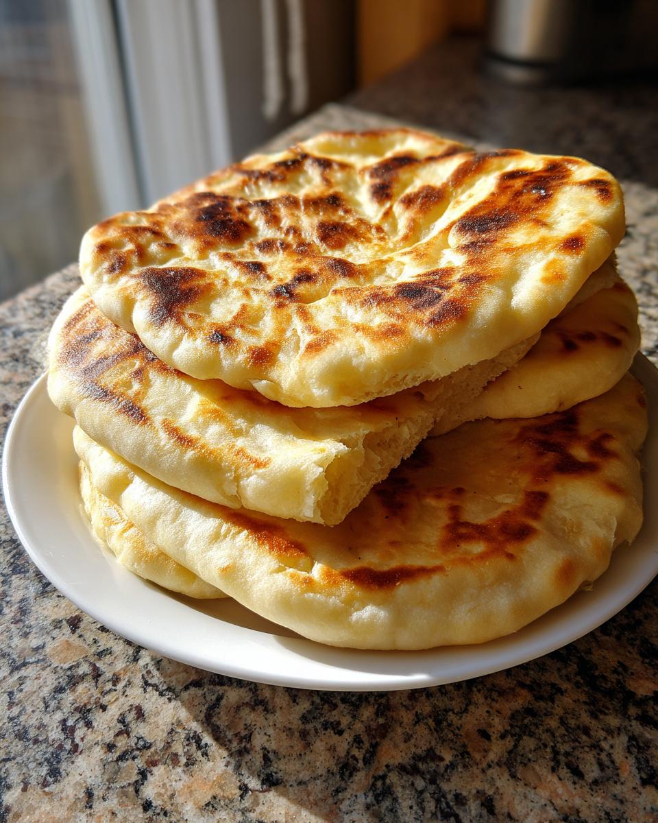 A stack of four fluffy, lightly charred homemade pita bread rounds resting on a white plate.