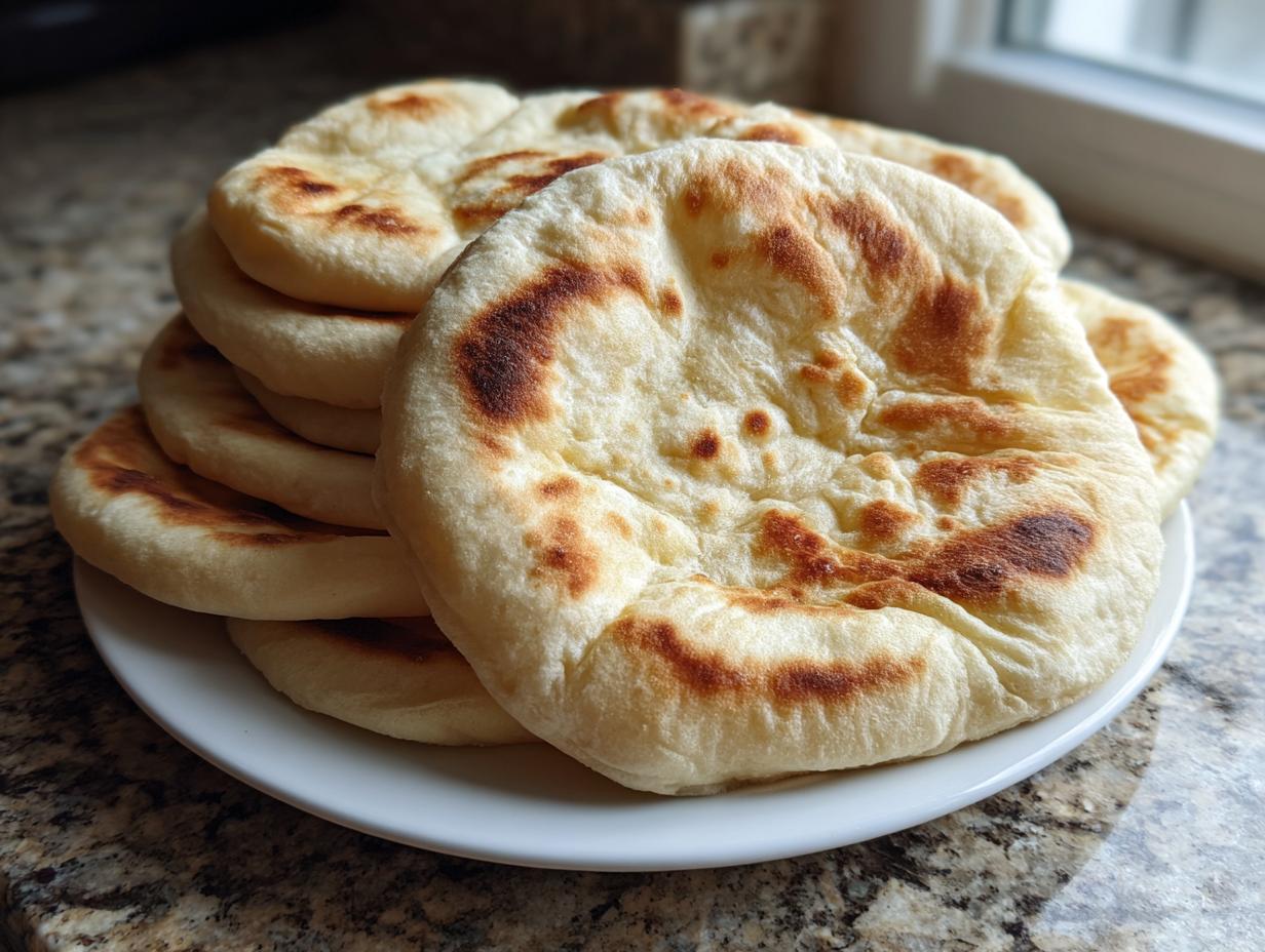 A stack of freshly cooked, fluffy pita bread with golden-brown spots resting on a white plate.