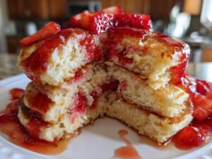 Close-up of fluffy strawberry pancakes stacked high, cut open to show the moist interior and topped with strawberry sauce.