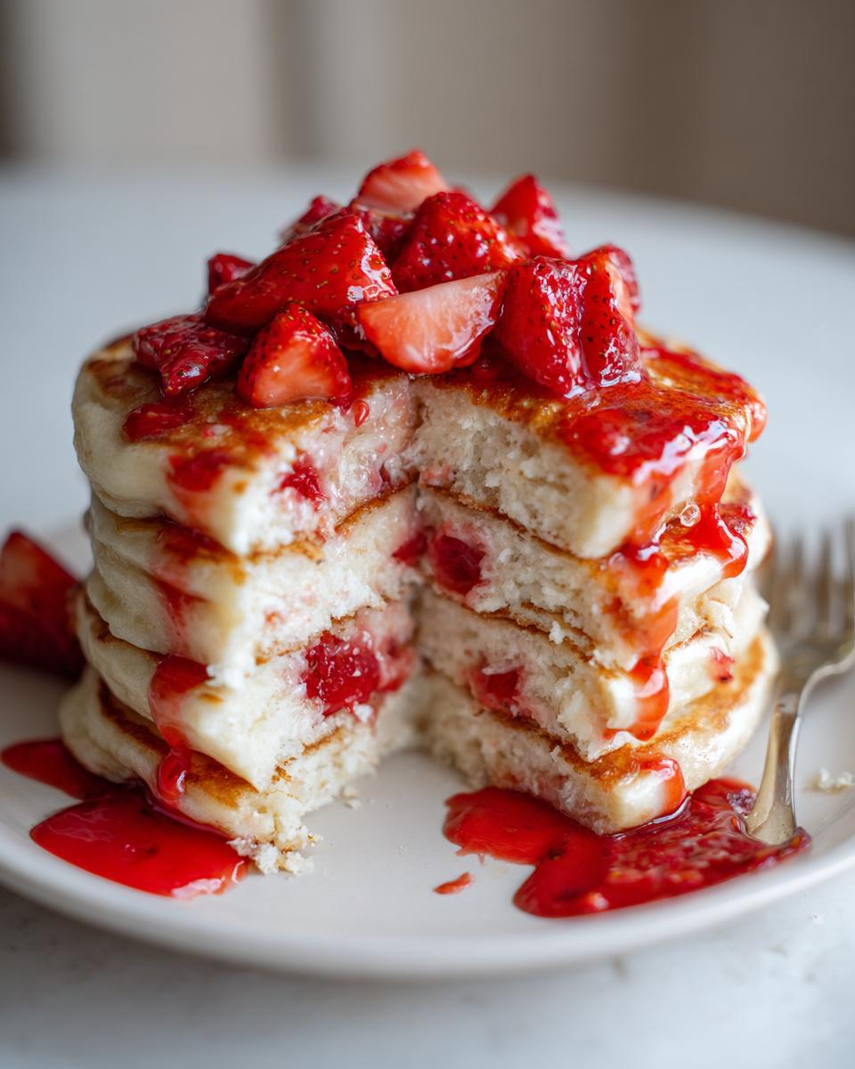 A cross-section view of a tall stack of fluffy strawberry pancakes drizzled with strawberry syrup and topped with fresh strawberries.