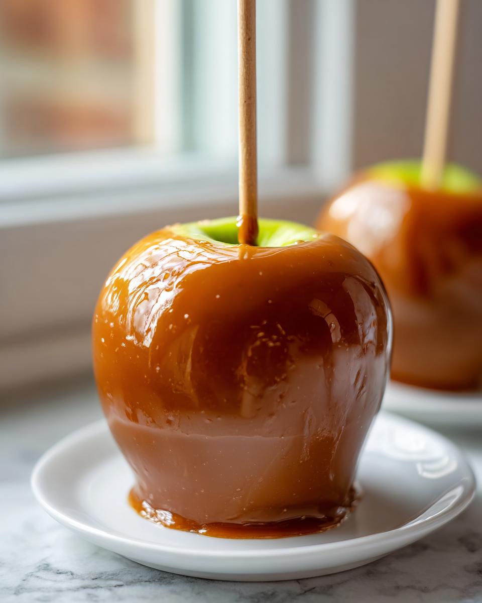 Close-up of a freshly made caramel apple with a wooden stick inserted, sitting on a small white plate.