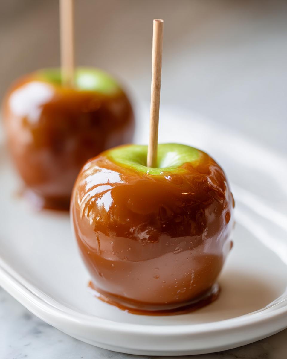 Close-up of a glossy, freshly made caramel apple on a stick, sitting on a white platter.