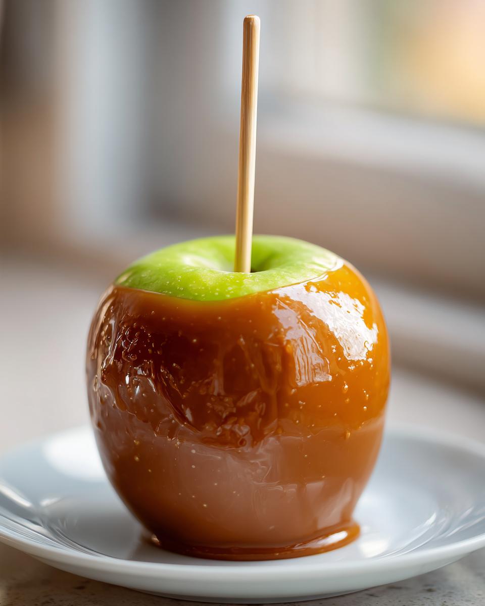 A single, glossy caramel apple on a white plate with a wooden stick inserted, ready to eat.