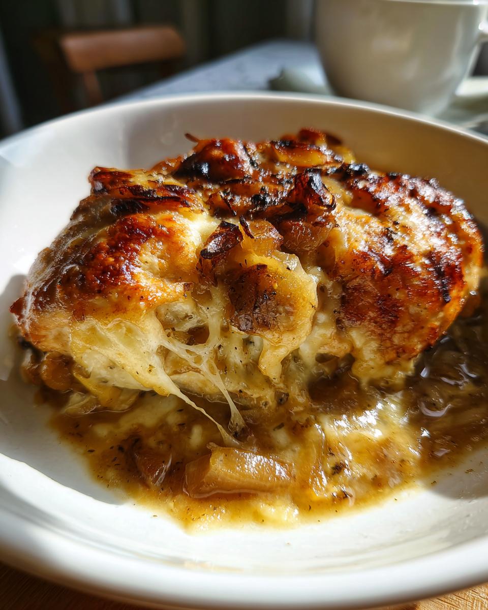 Close-up of baked french onion chicken topped with melted, browned cheese and caramelized onions.