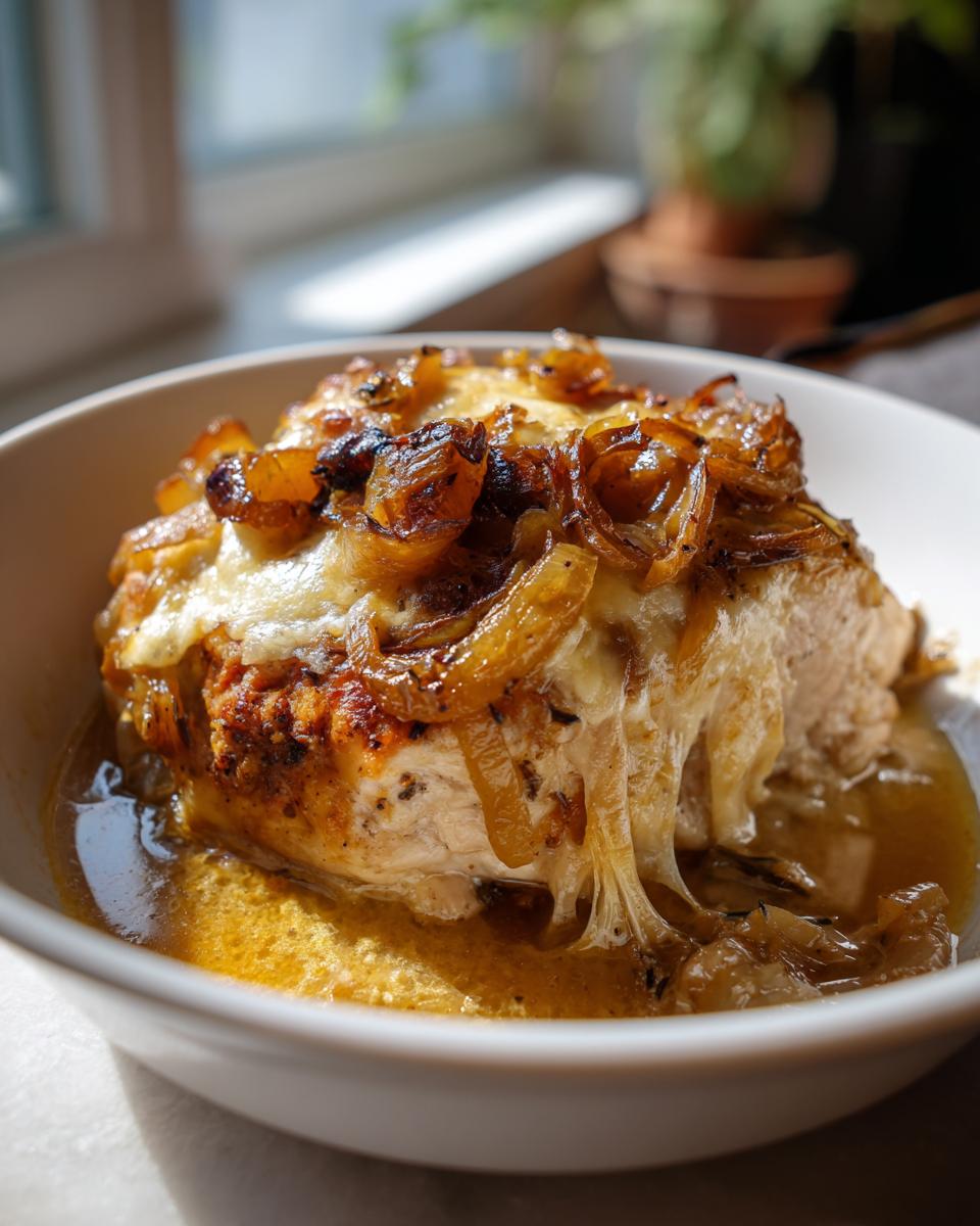 A close-up of a juicy french onion chicken breast topped with melted cheese and caramelized onions in a savory sauce.