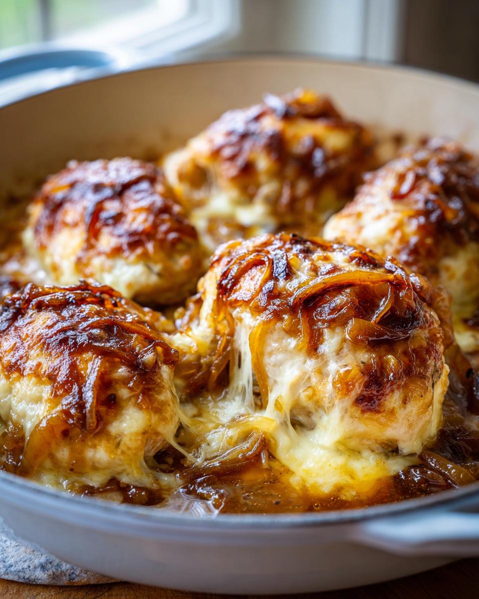 Close-up of baked french onion chicken breasts topped with melted cheese and caramelized onions in a skillet.