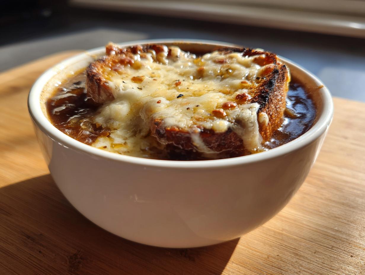 Close-up of a bowl of rich french onion soup recipe topped with a thick, melted, and browned layer of cheese over toasted bread.