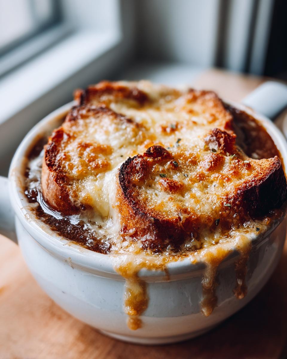 Close-up of a classic french onion soup recipe bowl, topped with a thick layer of melted, browned cheese over toasted bread.